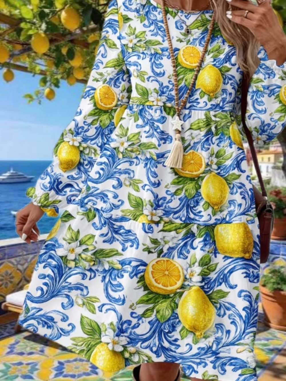 Yellow Lemons Blue Baroque White Citrus Flowers Lemon Majolica Blossoms Dress